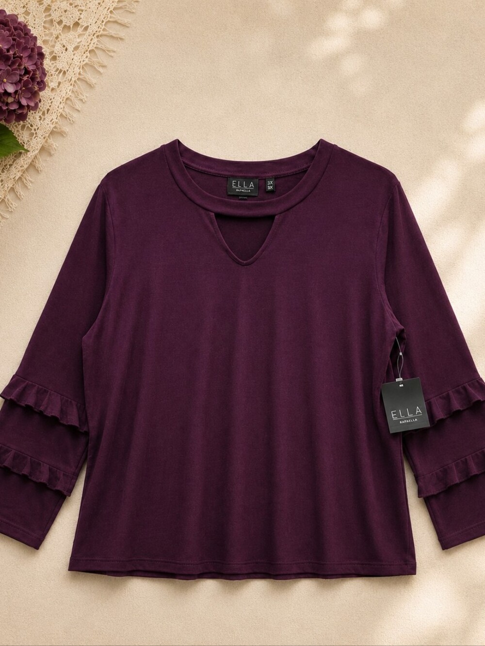 Ella Rafaella 3X Plum Ruffle Sleeve Blouse Notch Neck Soft Stretch NWT Plus Size